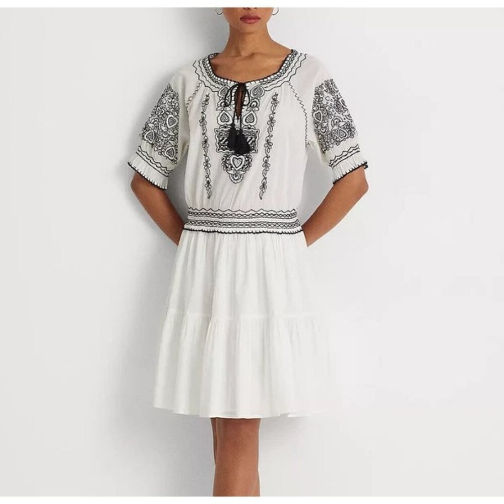 Lauren Ralph Lauren White Embroidered Cotton Voile Dress Size 18 Resortwear